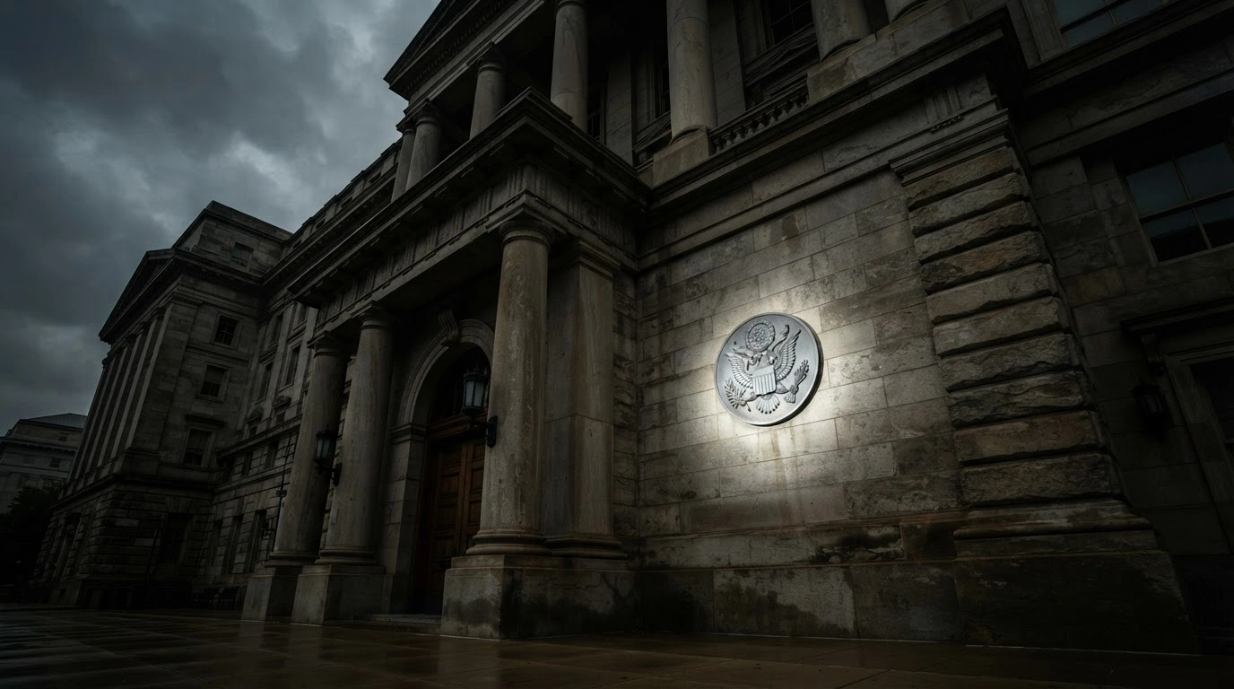 The official seal of the United States Department of State is displayed on a stone wall, representing the ongoing designation of Syria as a state sponsor of terrorism.