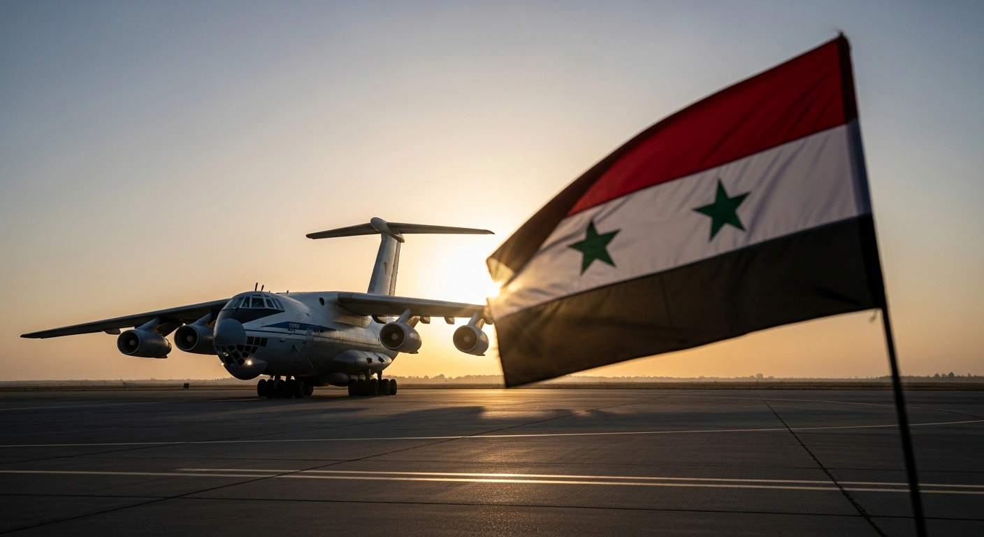 A wide, low-angle shot at dawn shows a weathered Russian military transport aircraft on a desolate airfield, silhouetted against the rising sun, with a newly unfurled Syrian transitional government flag fluttering in the foreground, symbolizing Russia's potential withdrawal from Qamishli and the Syrian government's efforts to regain control.