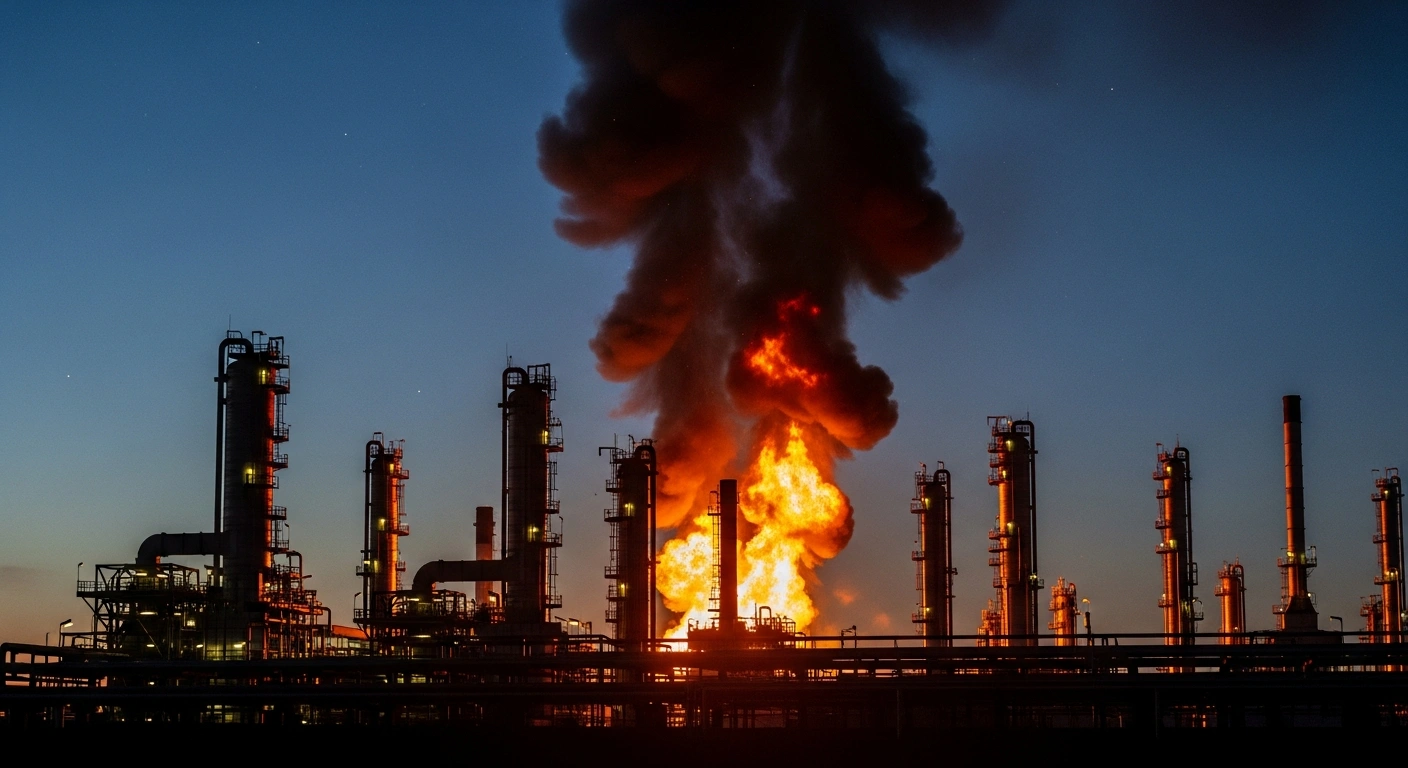 A wide, low-angle shot captures a massive Rosneft-owned Syzran oil refinery at night, with a primary crude oil processing unit engulfed in violent flames and thick smoke, illustrating the aftermath of a Ukrainian drone strike in Russia's Samara Oblast.