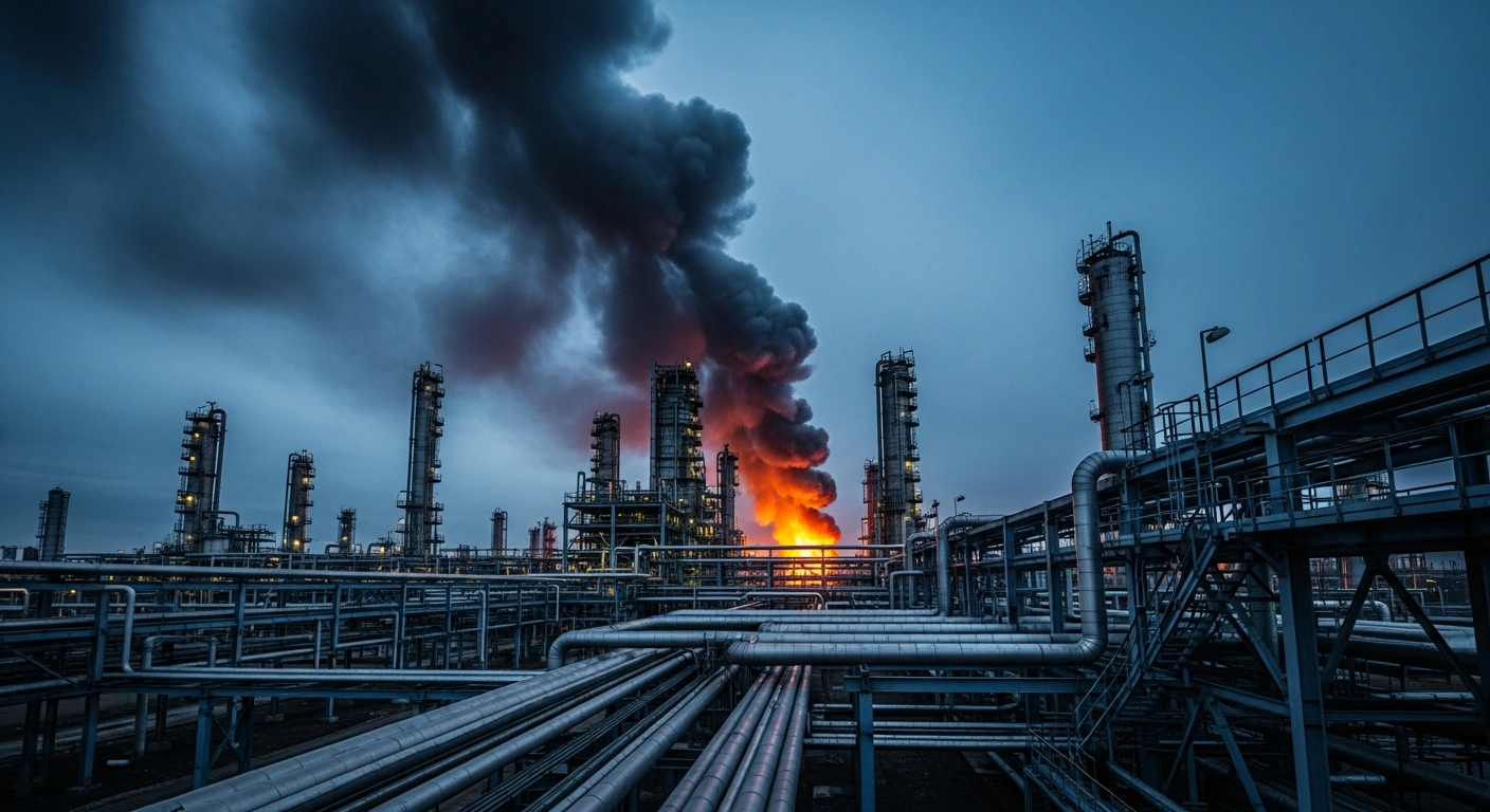 A large oil refinery in the Samara Oblast of Russia is shown with smoke rising from the facility following a targeted drone strike.