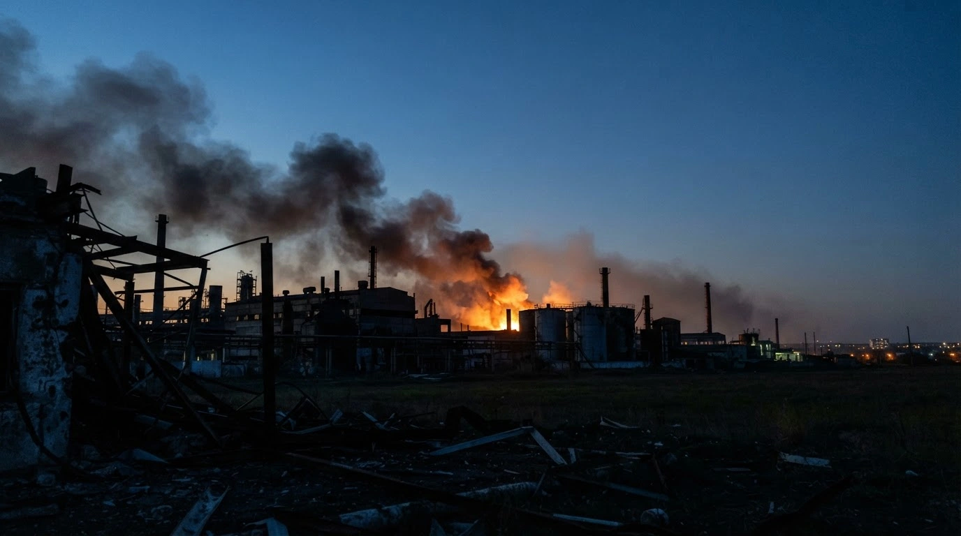 A plume of smoke rises from an industrial facility in Taganrog following a reported Ukrainian drone strike in the Rostov Oblast.