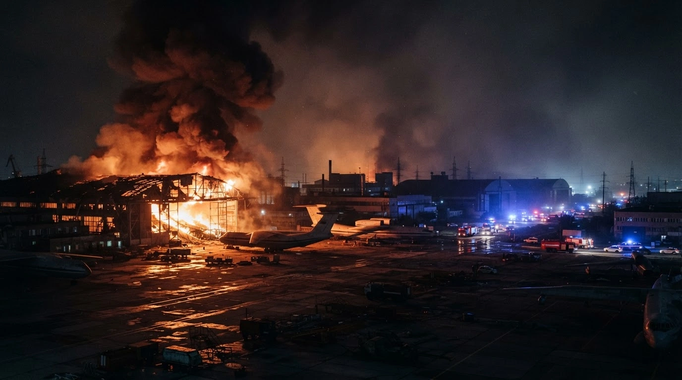 Smoke and flames rise from the Beriev Aircraft Company industrial facility in Taganrog following a large-scale drone attack.