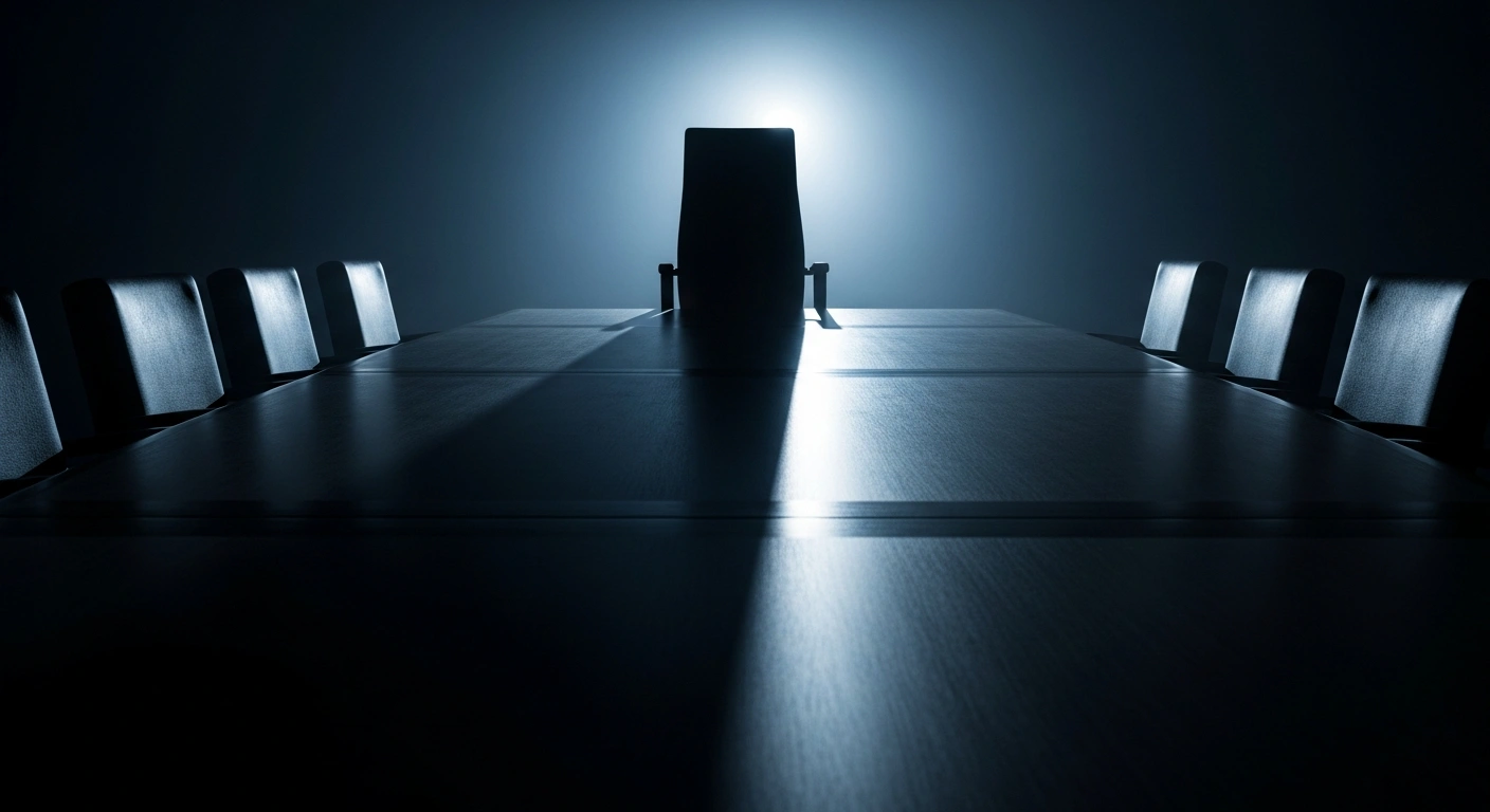 A dramatically lit, empty chair at a large, polished conference table, symbolizing Taiwan's contested participation in the 2026 APEC summit due to Beijing's 'One-China' principle, which Taiwan rejects and the US opposes.