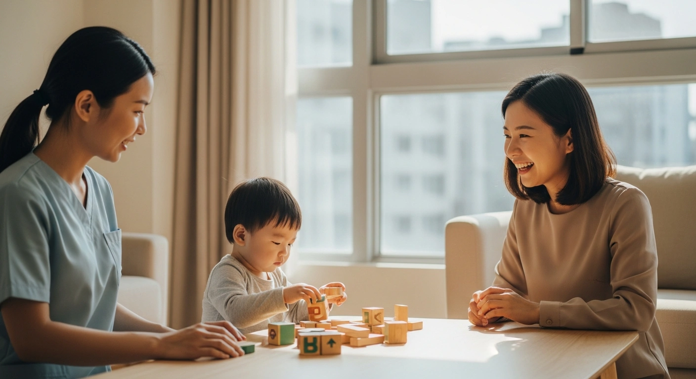 A professional caregiver assists a young child in a modern home as part of Taiwan's new policy to support working parents with childcare.