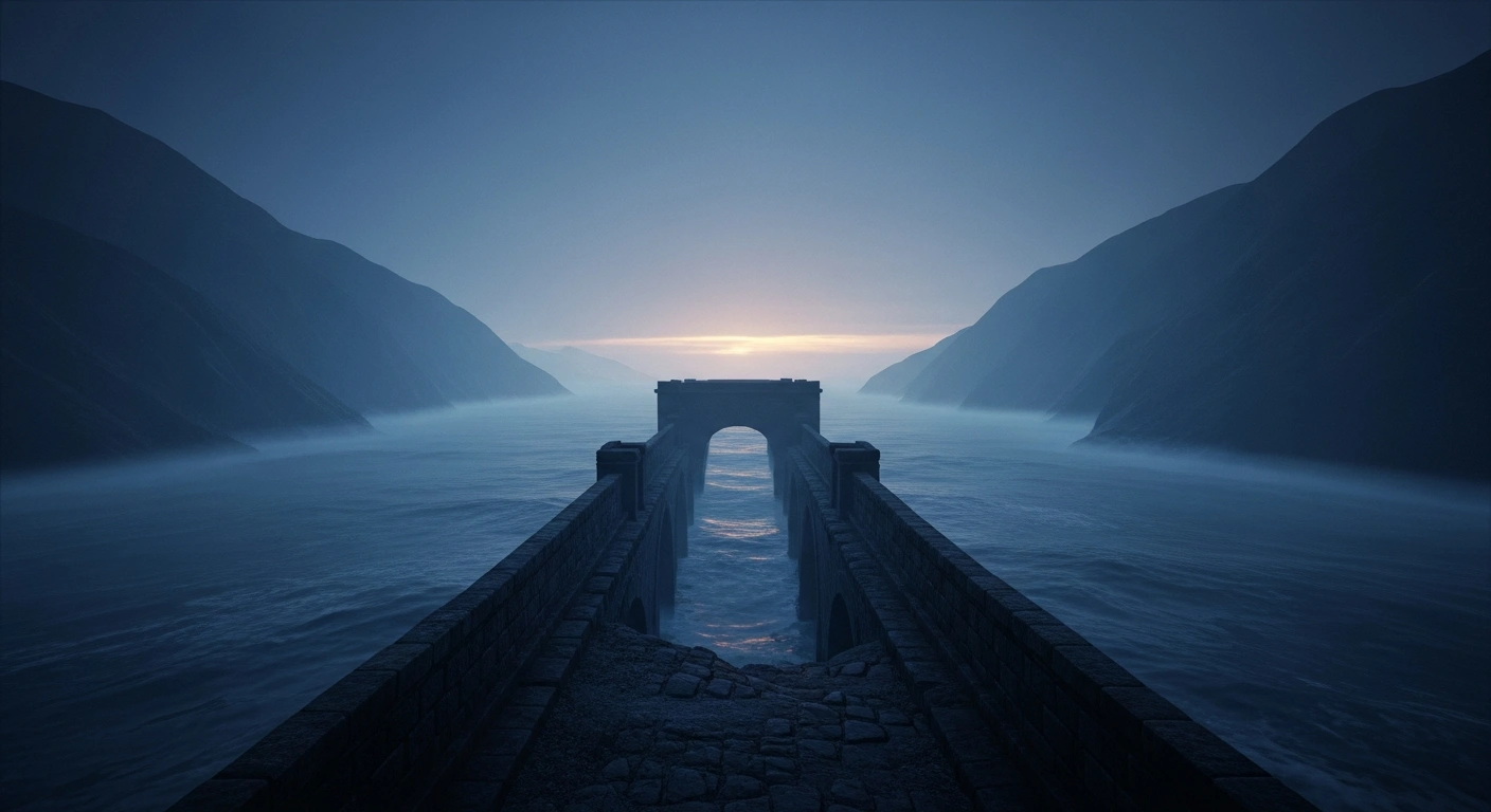 A wide-angle view of a misty strait between two landmasses symbolizes the tense cross-strait relations between Taiwan and China following new legislative concerns.