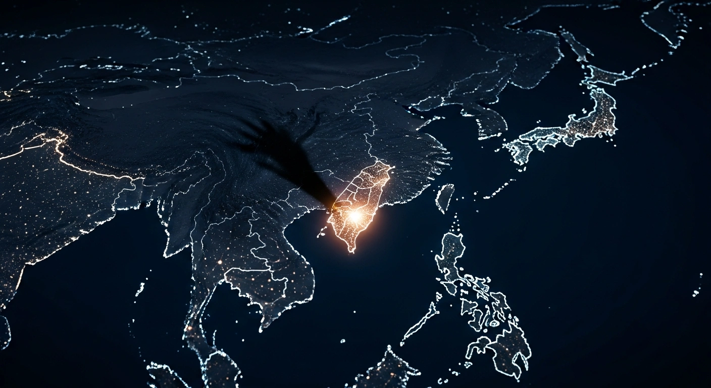 A stylized, holographic map of East Asia shows Taiwan glowing with light, while a large shadow representing China extends ominously towards Taiwan, Japan, and the Philippines, symbolizing President Lai Ching-te's warning about China's expansionist ambitions.