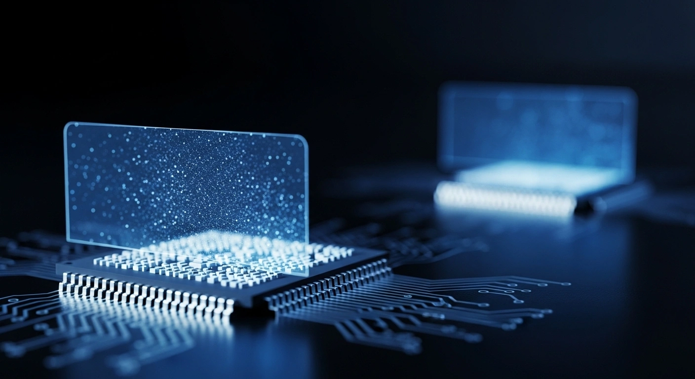 A pristine silicon microchip, glowing with cool blue light, is depicted behind a subtle digital barrier, symbolizing Taiwan's restricted chip exports to South Africa following diplomatic tensions.