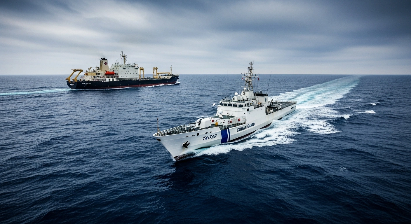 A Taiwan Coast Guard vessel patrols the ocean while escorting a Chinese research ship out of Taiwanese waters.