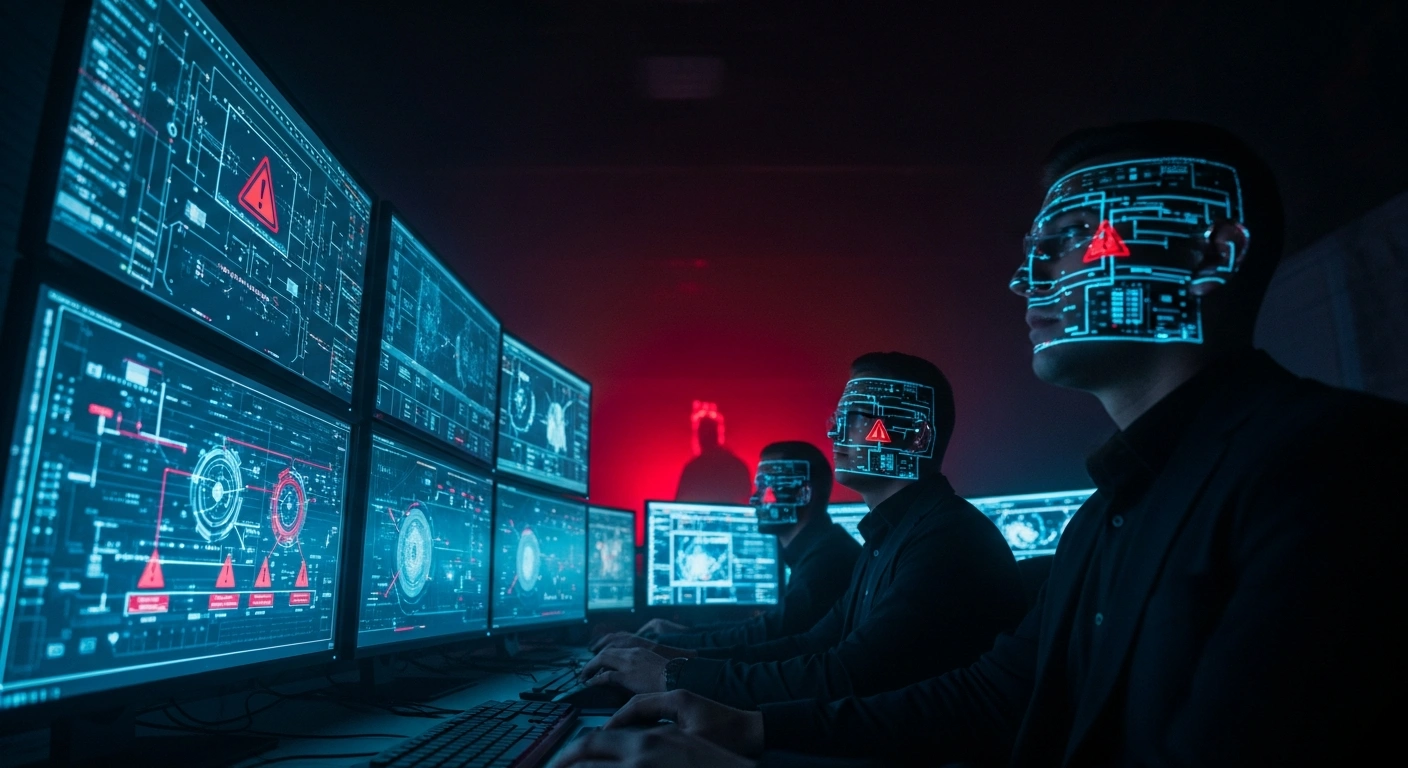 Operators in a dimly lit, high-tech control room in Taiwan respond to a barrage of cyberattacks targeting critical infrastructure, with abstract digital threats glowing on multiple screens, symbolizing the daily attacks originating from China.