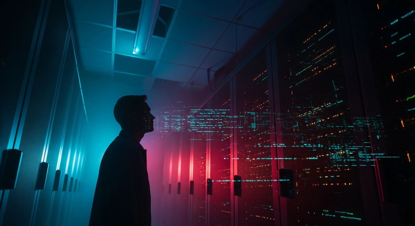 A technician monitors glowing server racks during a sophisticated cyberattack targeting critical infrastructure in Taiwan.