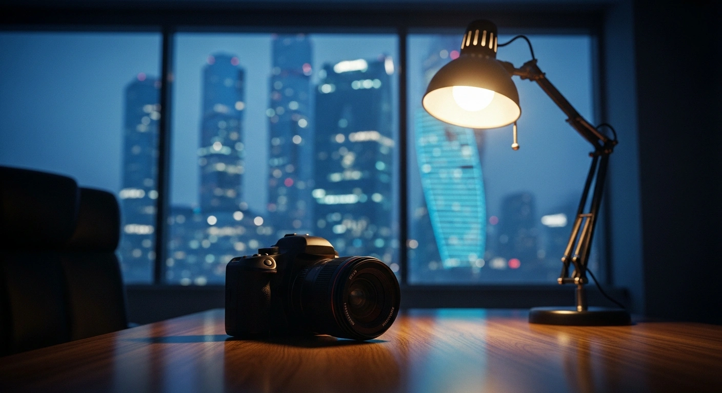 A professional camera lens sits on a desk in a dimly lit office, symbolizing the expulsion of a journalist following an interview with Taiwanese President Lai Ching-te.
