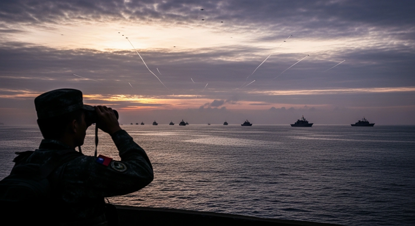A Taiwanese soldier observes a line of distant naval vessels and aircraft contrails over the Taiwan Strait at dawn, symbolizing Taiwan's monitoring of Chinese military activity.