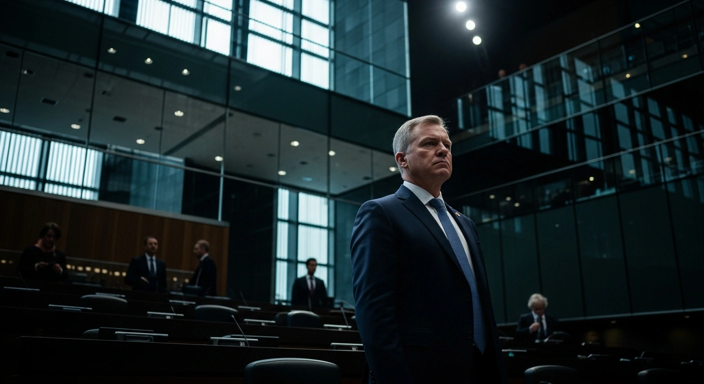 A stern politician stands in a modern legislative chamber while facing demands for financial transparency regarding a private trip to Japan.