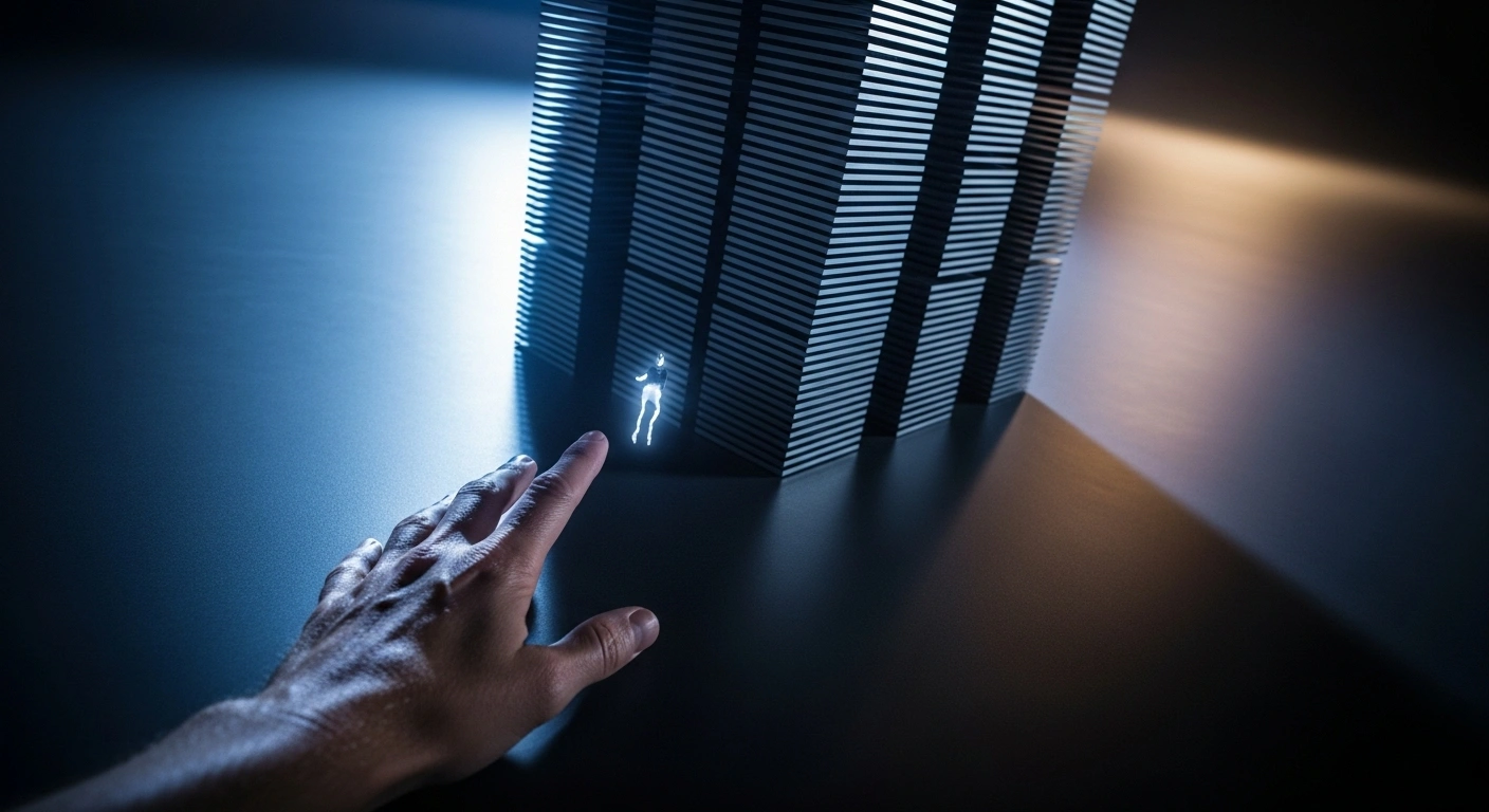 A towering stack of gleaming microchips is illuminated by cool blue light, with a weathered hand reaching towards them, symbolizing the suspended semiconductor export controls between Taiwan and South Africa due to diplomatic disputes and ongoing talks.