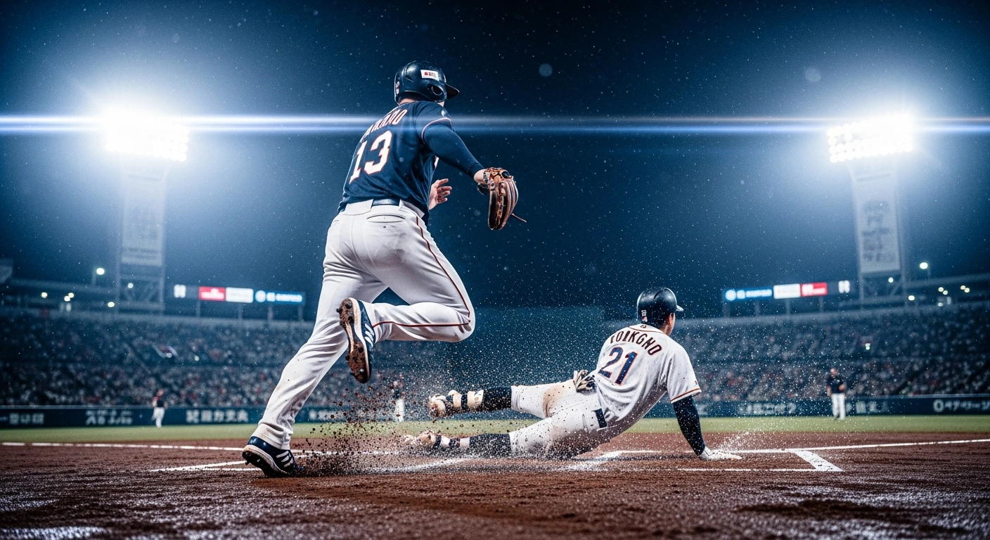 A baseball player slides into home plate during a tense World Baseball Classic game between Taiwan and South Korea in Tokyo.