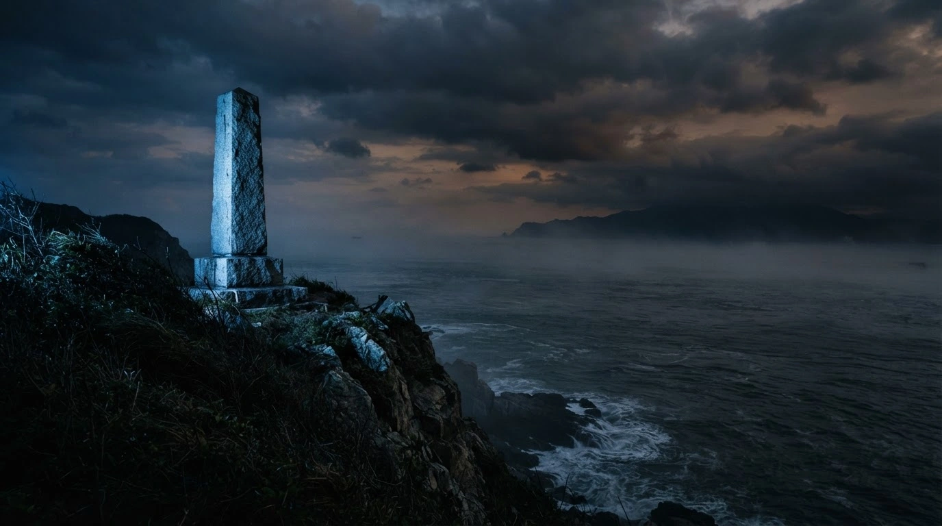 A solitary stone memorial stands on a cliff overlooking the turbulent Taiwan Strait as storm clouds gather in the distance.