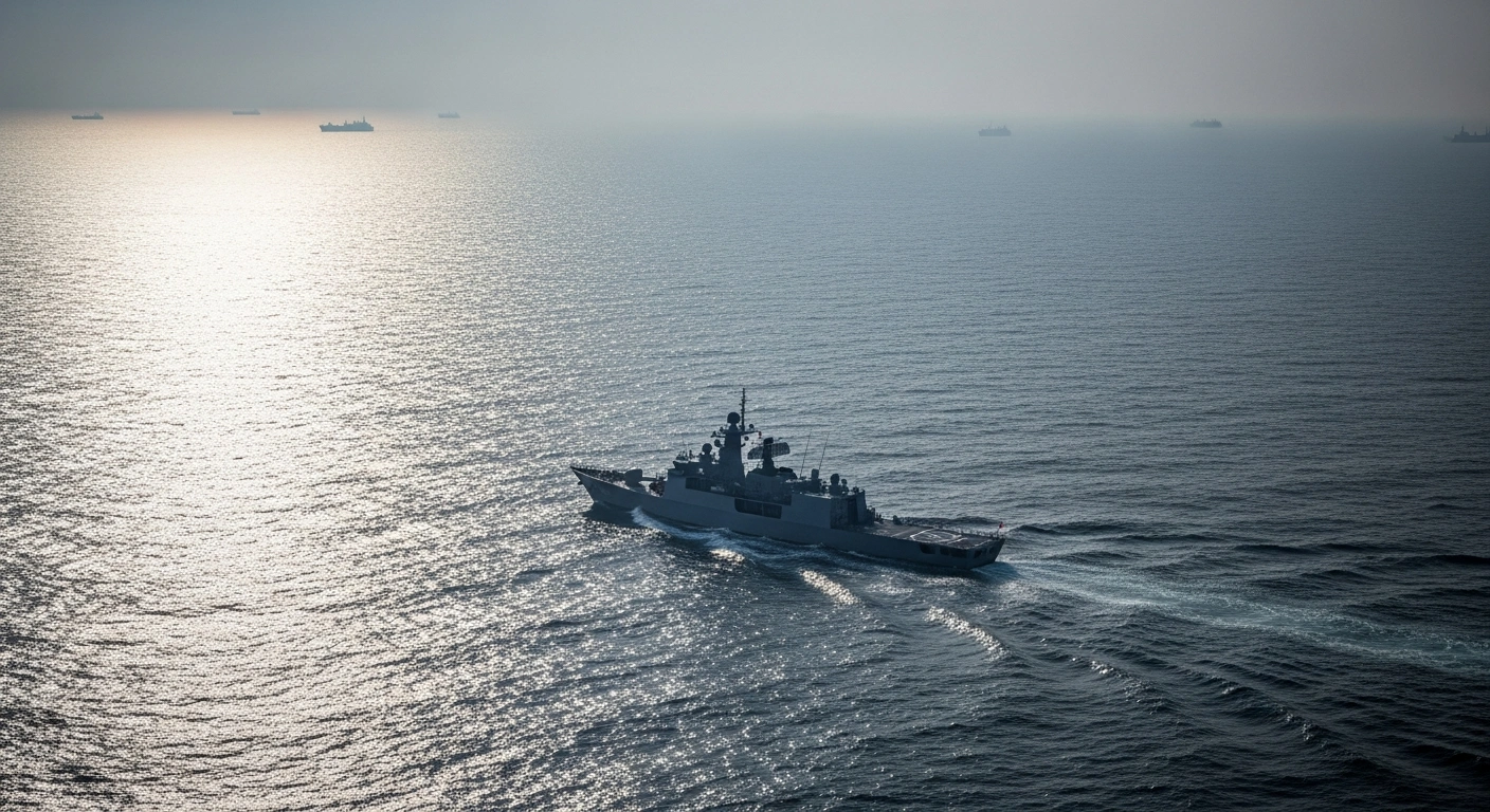 A Taiwanese naval vessel patrols the steel-gray waters of the Taiwan Strait at dusk, with the faint, ominous silhouettes of multiple distant Chinese military vessels visible on the horizon, symbolizing Taiwan's monitoring of increased activity.