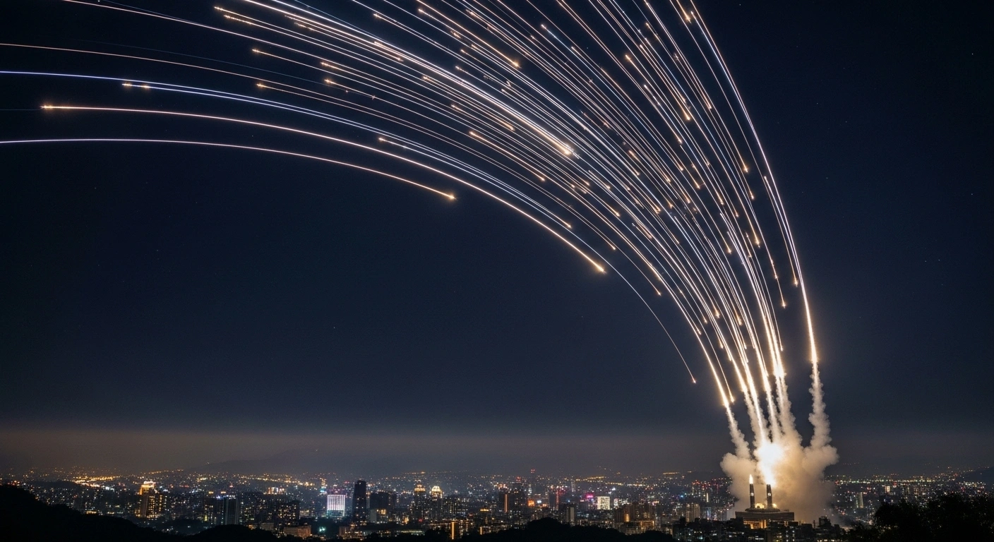 A futuristic multi-layered air defense system, reminiscent of Israel's Iron Dome, launches interceptor missiles into the night sky over a Taiwanese cityscape, symbolizing Taiwan's accelerated T-Dome development to counter military threats from China.