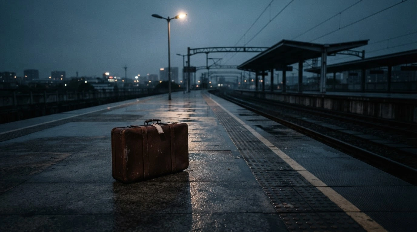 An abandoned suitcase sits on a dark, empty train platform, representing the growing number of Taiwanese citizens missing in China.