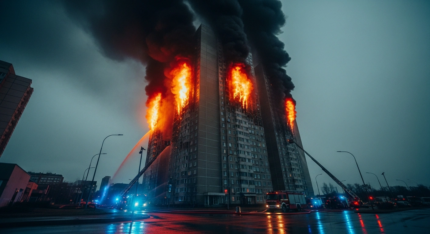 Emergency responders work to extinguish a large fire at a high-rise residential building in Taiyuan, China.