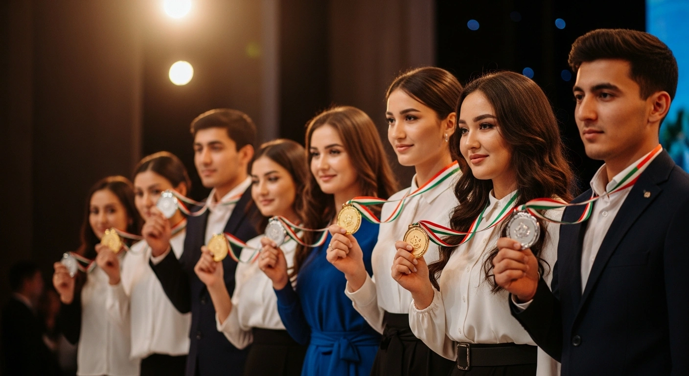 A group of successful Tajik students proudly display their medals after winning at the 4th Al-Khwarizmi International Olympiad in Tashkent.