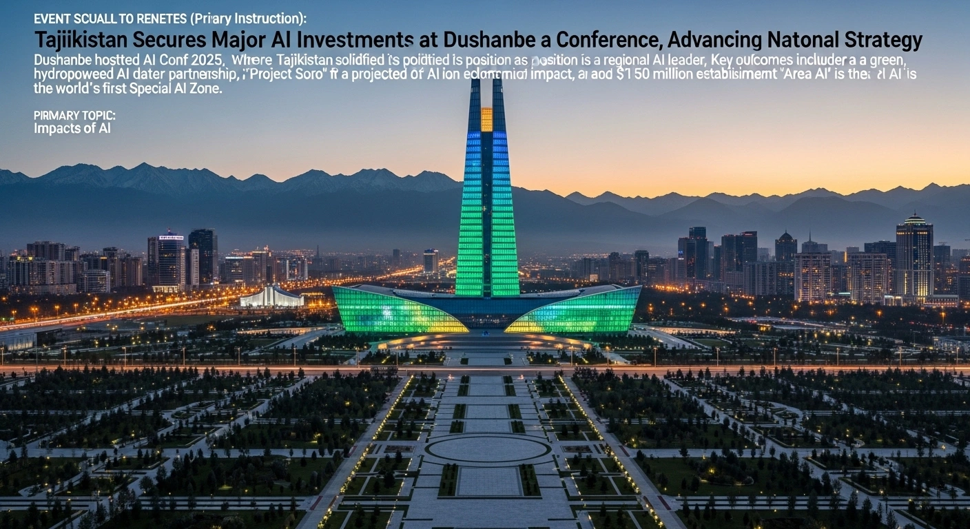 A futuristic, green and blue lit crystalline building, representing a hydropowered AI data center or Special AI Zone, stands prominently within a modern cityscape at twilight, symbolizing Tajikistan's emergence as a regional AI leader.