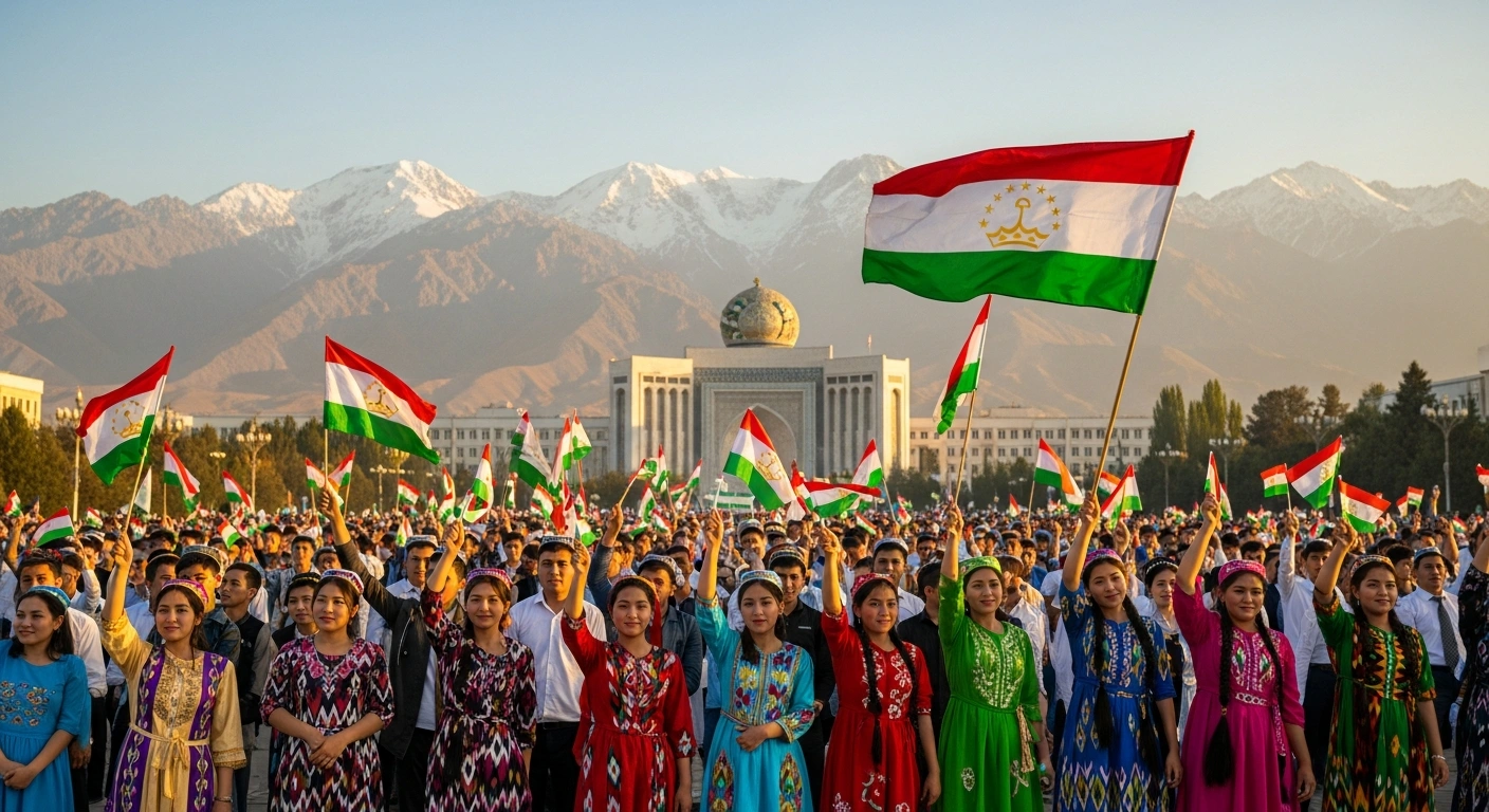 A large crowd of people celebrates National Unity Day in Tajikistan with flags and traditional clothing against a backdrop of mountains.