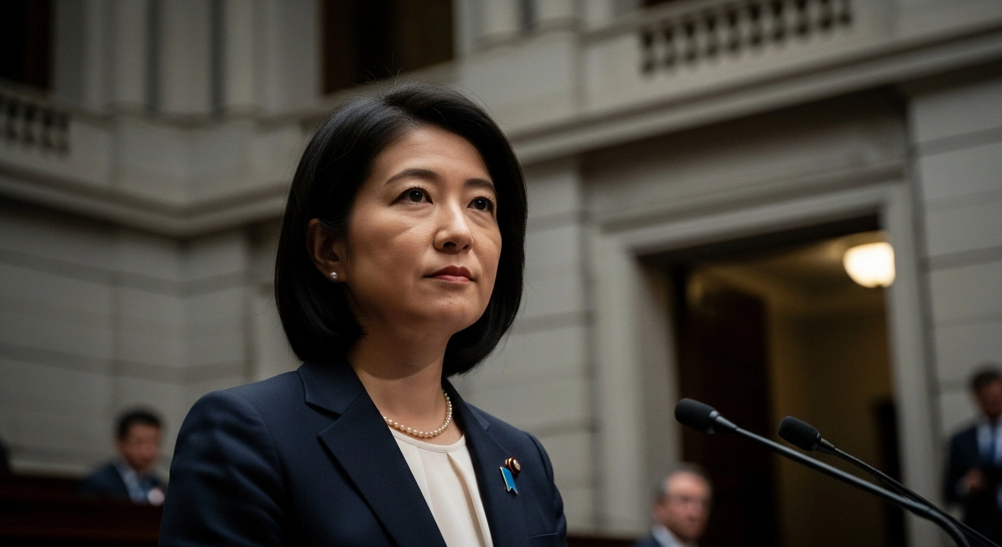 Japanese Prime Minister Sanae Takaichi stands resolutely in a parliamentary setting, symbolizing her push for the Liberal Democratic Party to quickly pass the fiscal 2026 budget after a recent election victory.