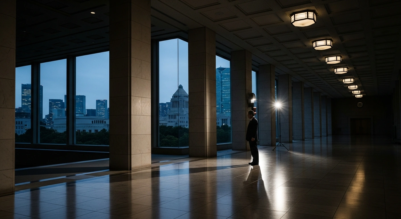 Japanese Prime Minister Sanae Takaichi stands alone in a shadowed government hallway as her cabinet approval ratings fall below fifty percent.