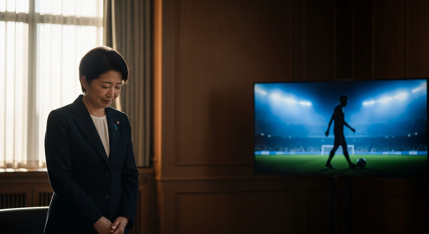 Prime Minister Sanae Takaichi stands in her office while reflecting on the Japanese national football team's performance in the 2026 FIFA World Cup.