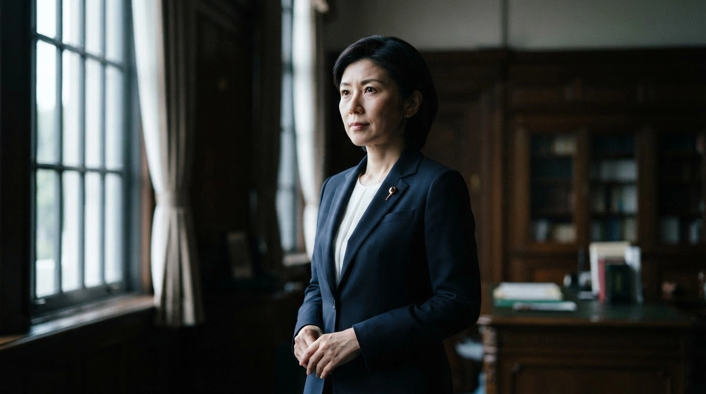 Japanese Prime Minister Sanae Takaichi stands in a formal office setting as she considers a cabinet reshuffle amid political scrutiny.