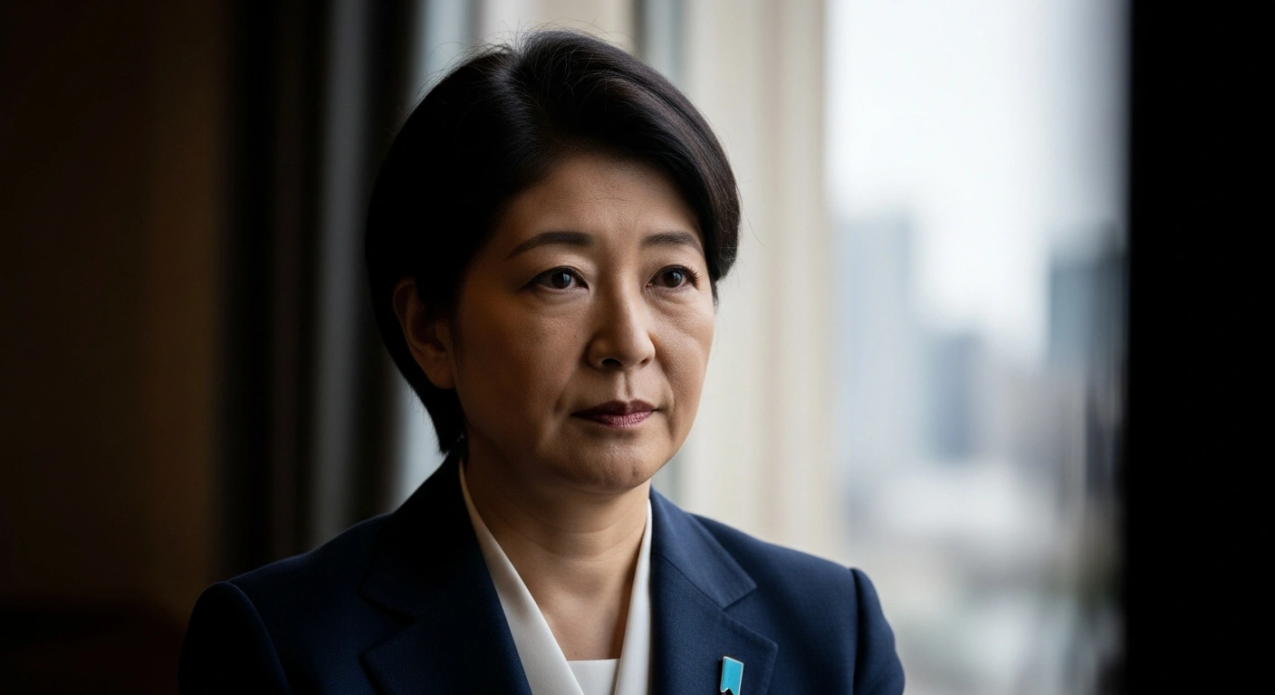 Japanese Prime Minister Sanae Takaichi is depicted in a medium shot, her determined and contemplative expression lit by light from a frosted window, symbolizing the high stakes of the upcoming House of Representatives election and her pledge to resign if her coalition does not secure a majority.