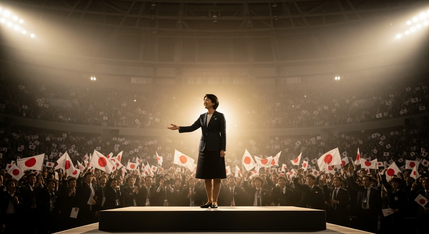 Japanese Prime Minister Sanae Takaichi stands triumphantly on a brightly lit stage, acknowledging a crowd of cheering supporters after her Liberal Democratic Party secured a landslide victory and a two-thirds supermajority in the February 8, 2026 snap general election, strengthening her mandate.