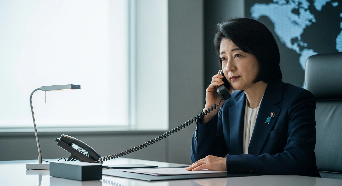 Japanese Prime Minister Sanae Takaichi is shown in her office, holding a phone to her ear, symbolizing her recent telephone meeting with Italian Prime Minister Giorgia Meloni to discuss bilateral cooperation in security and economy and reinforce G7 unity.