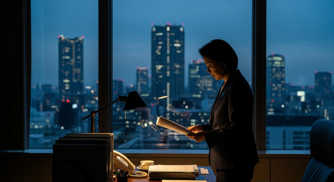 Japanese Prime Minister Sanae Takaichi works at her desk in Tokyo while deciding to skip the NATO summit to focus on domestic legislative priorities.
