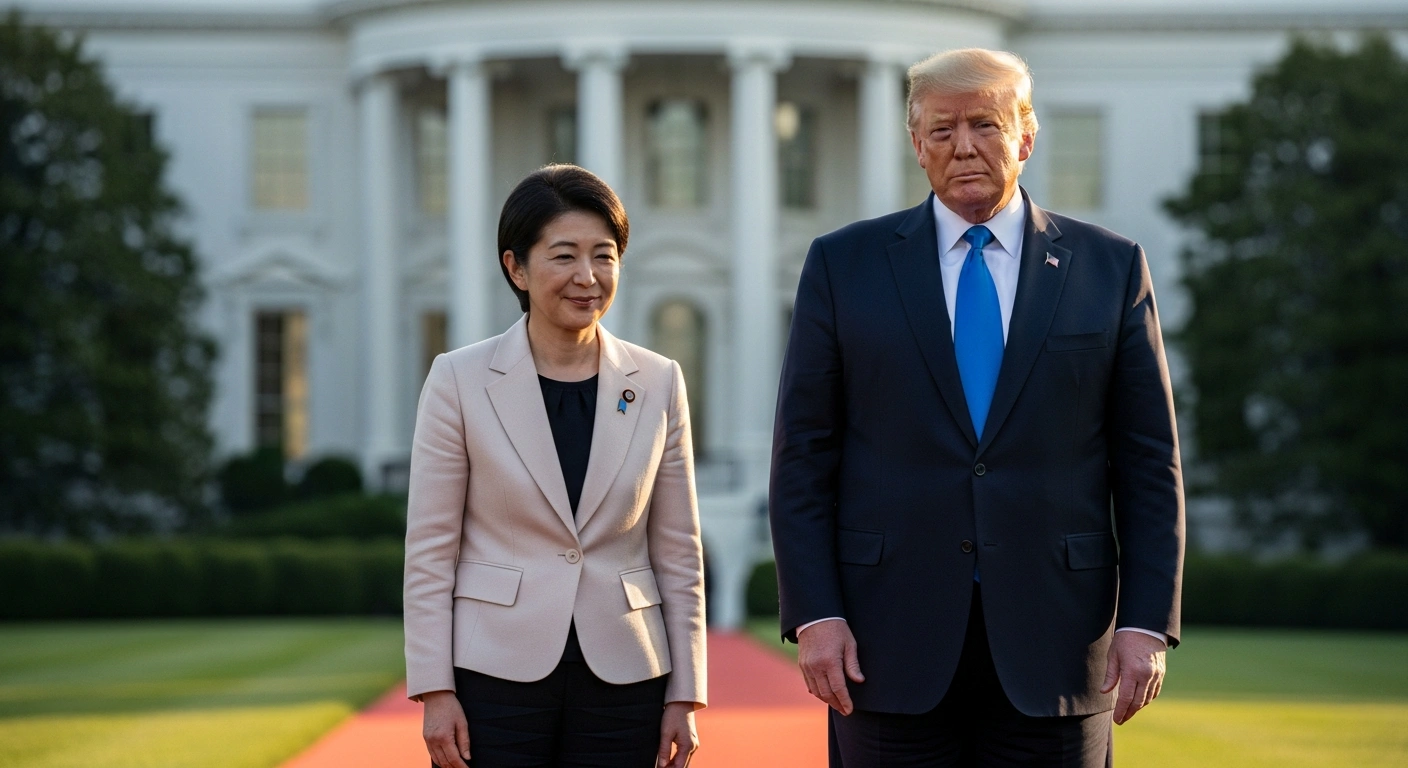 Japanese Prime Minister Sanae Takaichi and U.S. President Donald Trump stand together during an official summit at the White House to discuss security and economic relations.