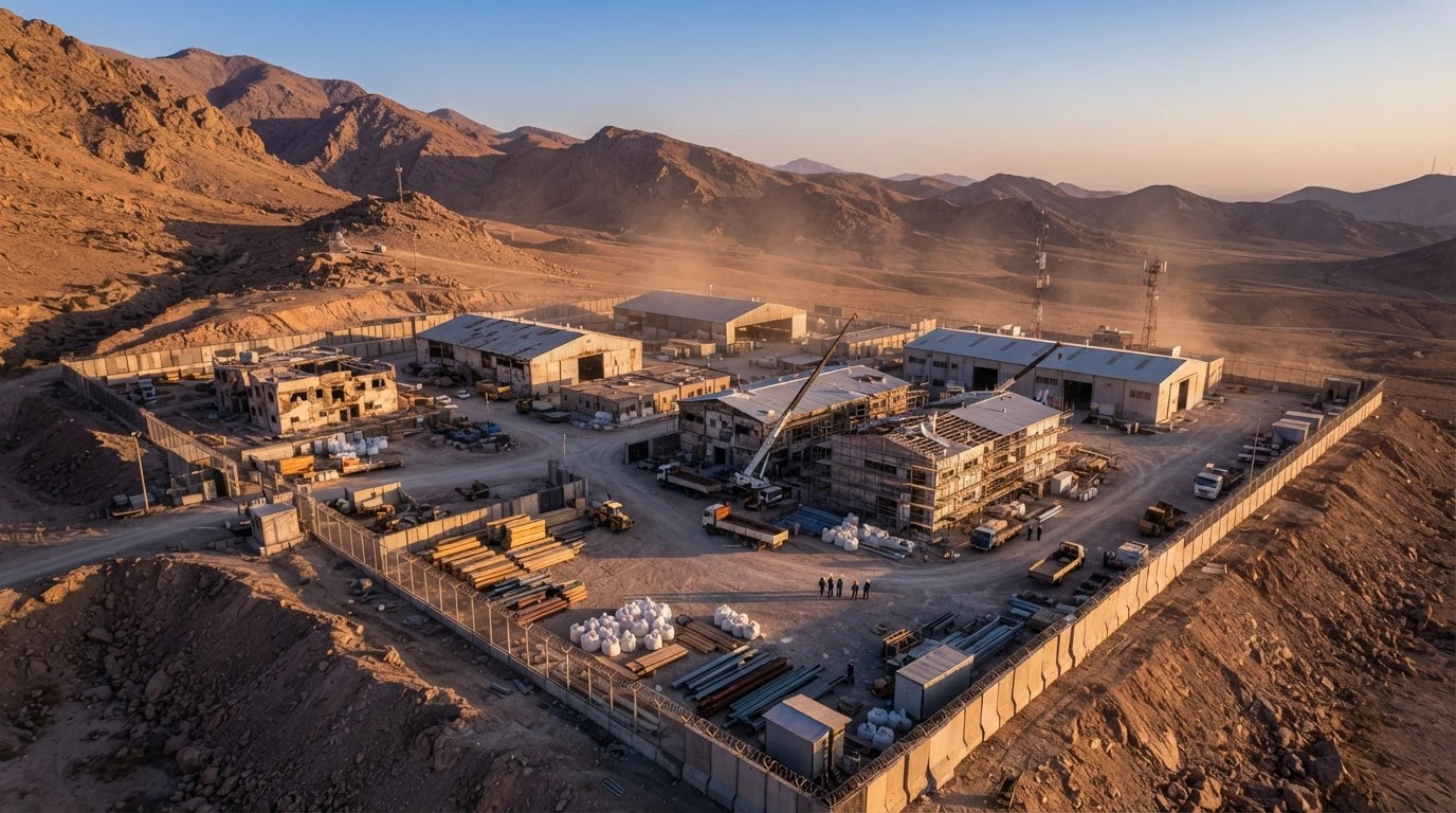 Satellite-style view of the Taleghan 2 facility in Iran showing ongoing reconstruction efforts at the site previously targeted by military strikes.