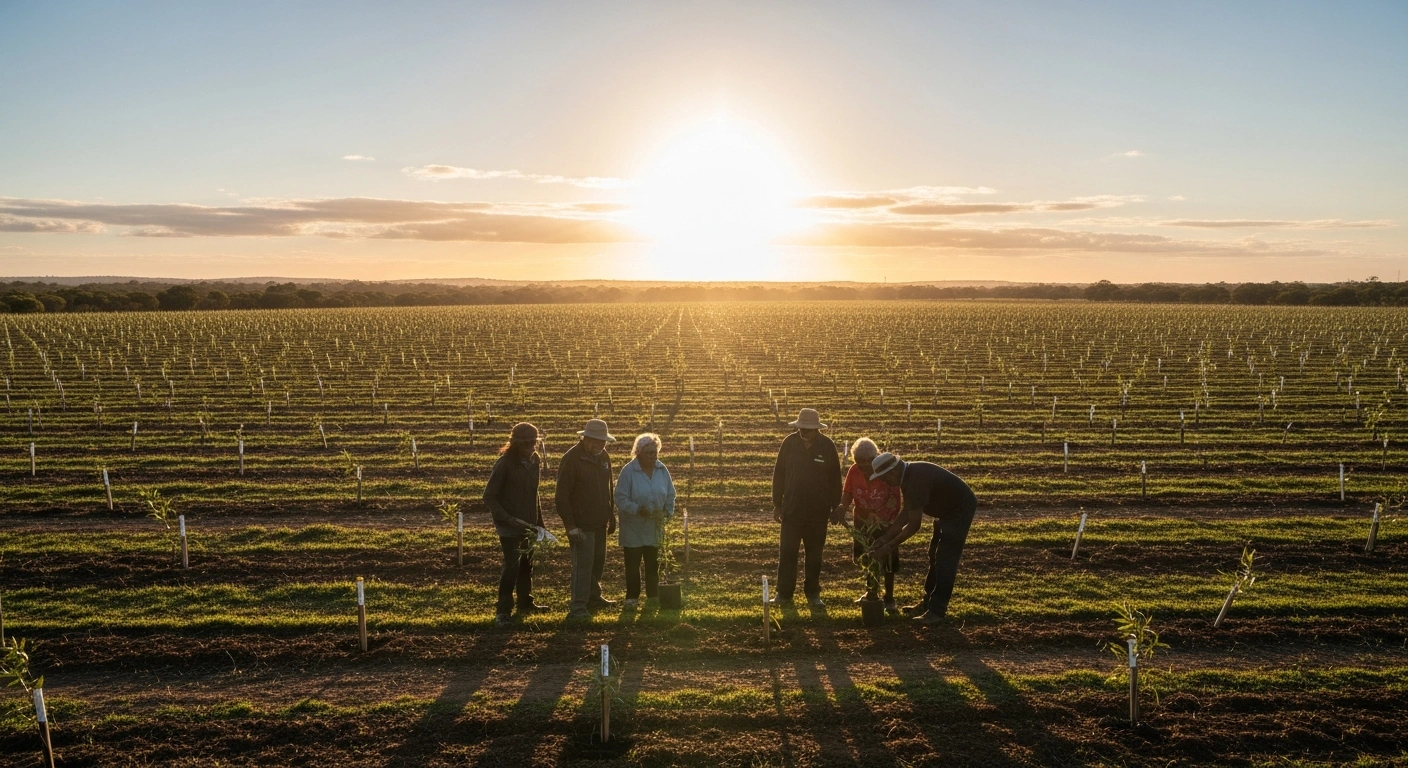 A wide-angle, golden hour photograph depicts a vast reforestation project on South Australia's Eyre Peninsula, showing newly planted saplings stretching towards the horizon and a diverse group, including Traditional Owners, tending to young trees, representing the initiative by Land Life and Carbon2Nature Australia to restore native woodlands.