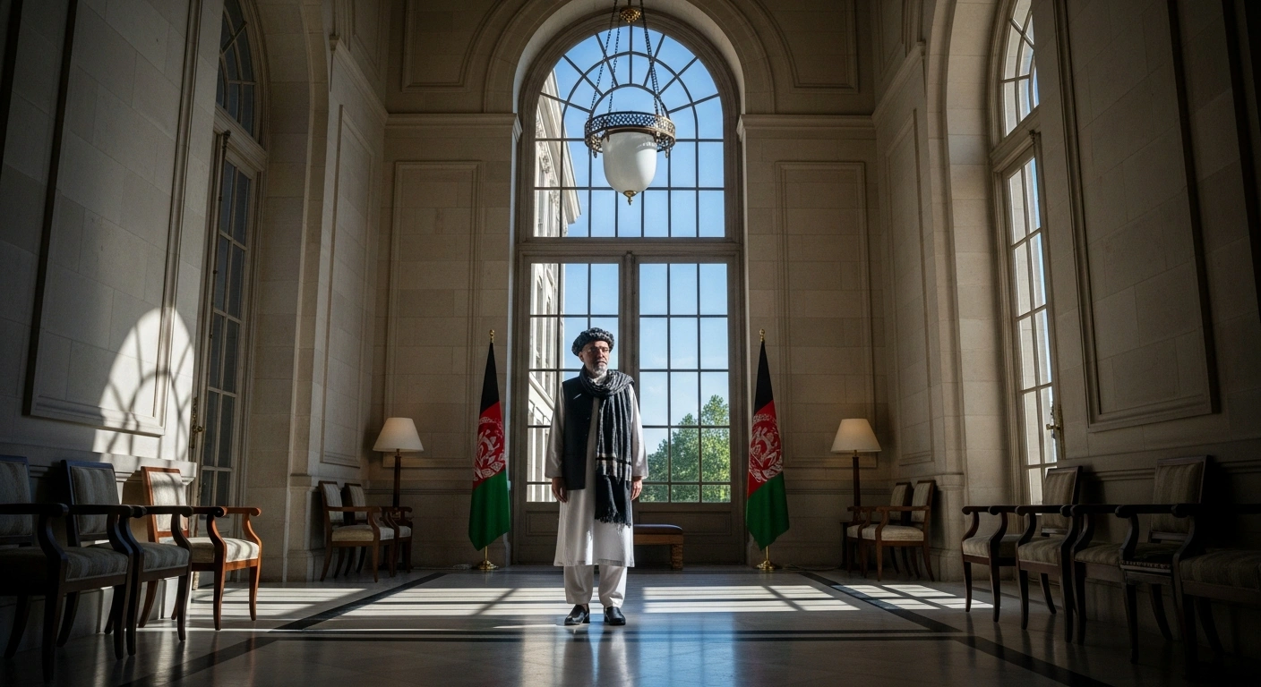 A distinguished figure, representing Mufti Noor Ahmad Noor, a senior Taliban official, stands formally in traditional attire within the grand reception hall of the Afghan Embassy in New Delhi, symbolizing India's pragmatic engagement despite withholding formal recognition of the Taliban government.