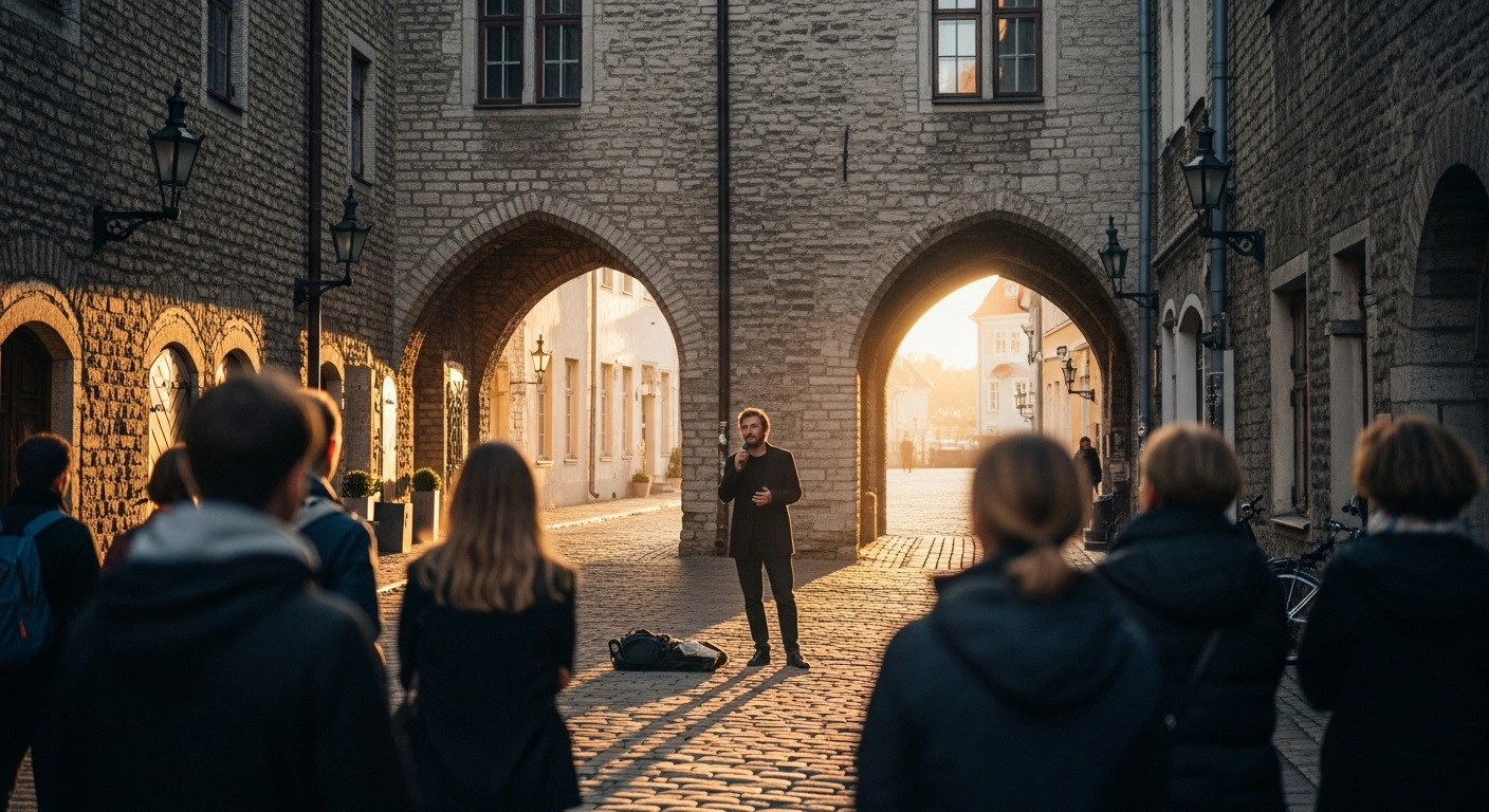 A performer recites poetry to an engaged audience on a historic cobblestone street in Tallinn, Estonia, during a World Poetry Day event.