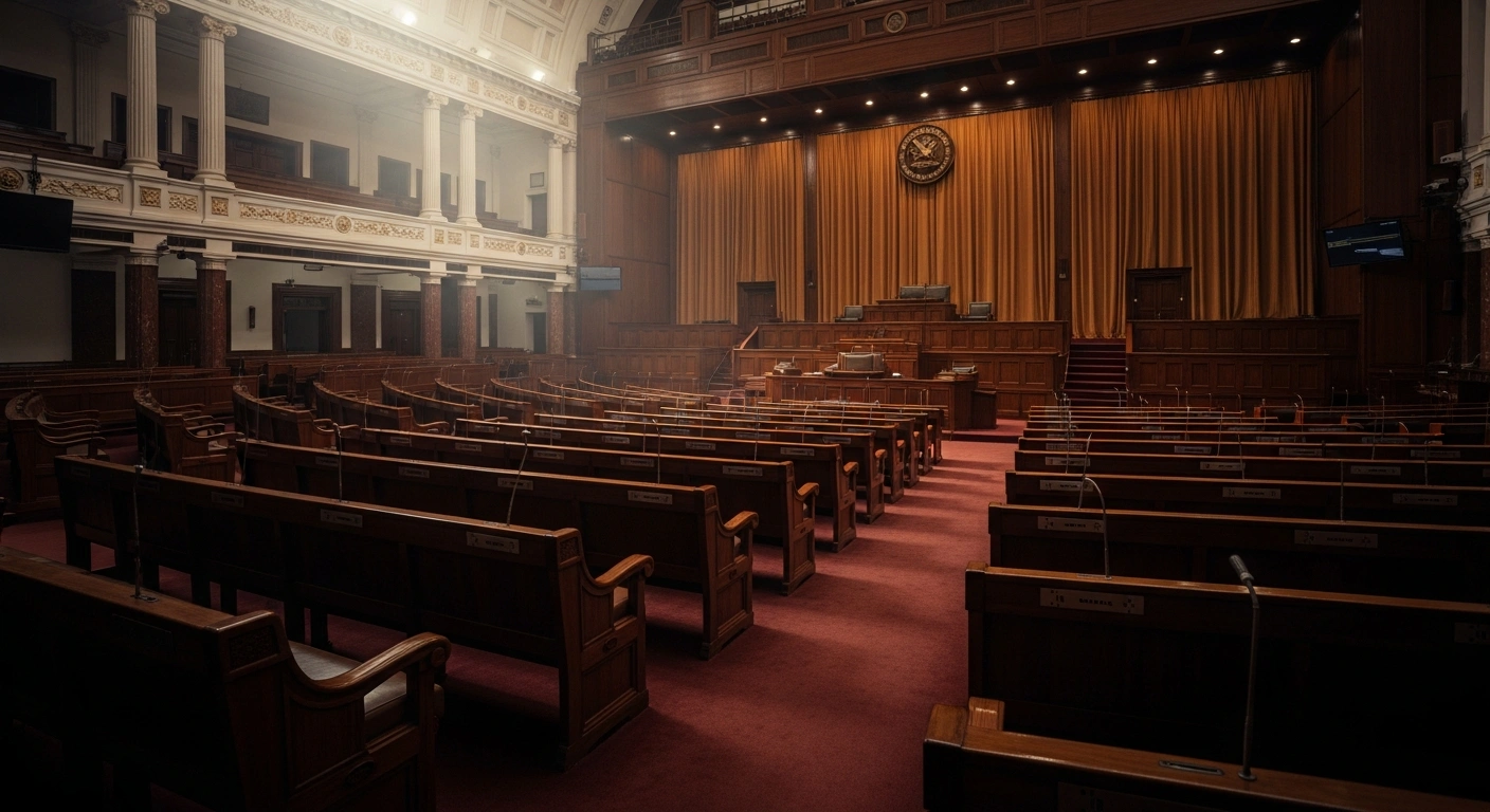 The interior of the Tamil Nadu Legislative Assembly hall is shown with rows of wooden benches facing the speaker's dais, representing the site where the resolution on Lok Sabha seat delimitation was adopted.