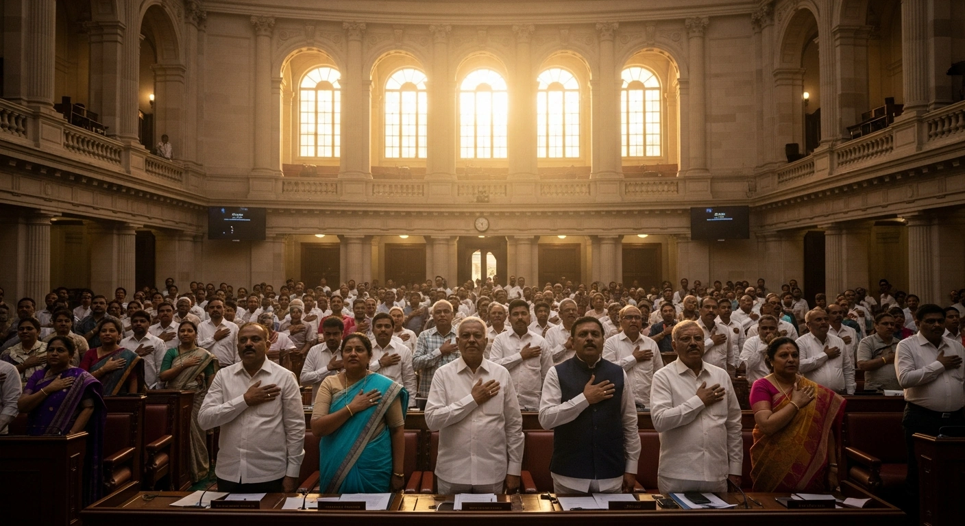 Government officials stand in a grand assembly hall in Tamil Nadu during a formal ceremony to honor the state anthem.