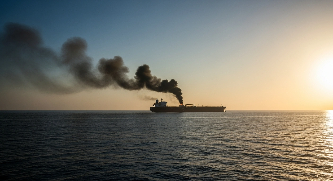 A large oil tanker emits smoke following a reported explosion while sailing in the Persian Gulf off the coast of Kuwait.