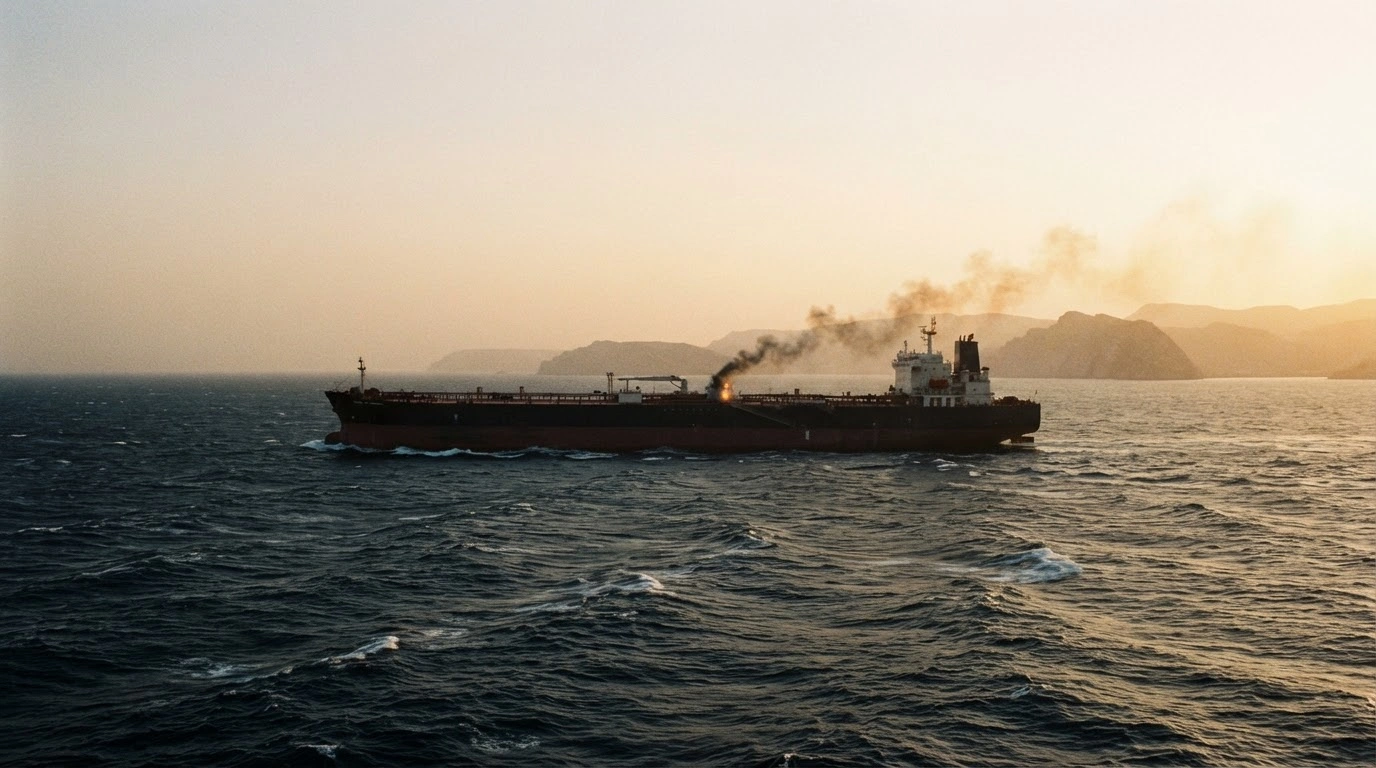 A large oil tanker drifts through the Strait of Hormuz with smoke rising from its deck after being struck by an unidentified projectile.