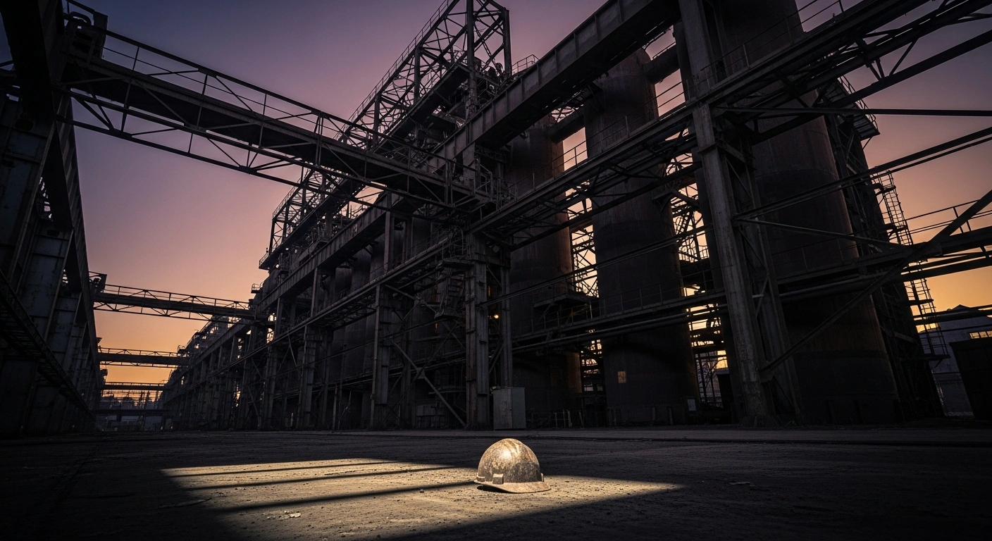 A wide, low-angle shot of the decaying skeletal structure of the former Ilva steel plant in Taranto, Italy, at dusk, with a single worn hard hat on the grimy concrete floor in the foreground, symbolizing the fatal accident of worker Loris Costantino and highlighting critical safety concerns.