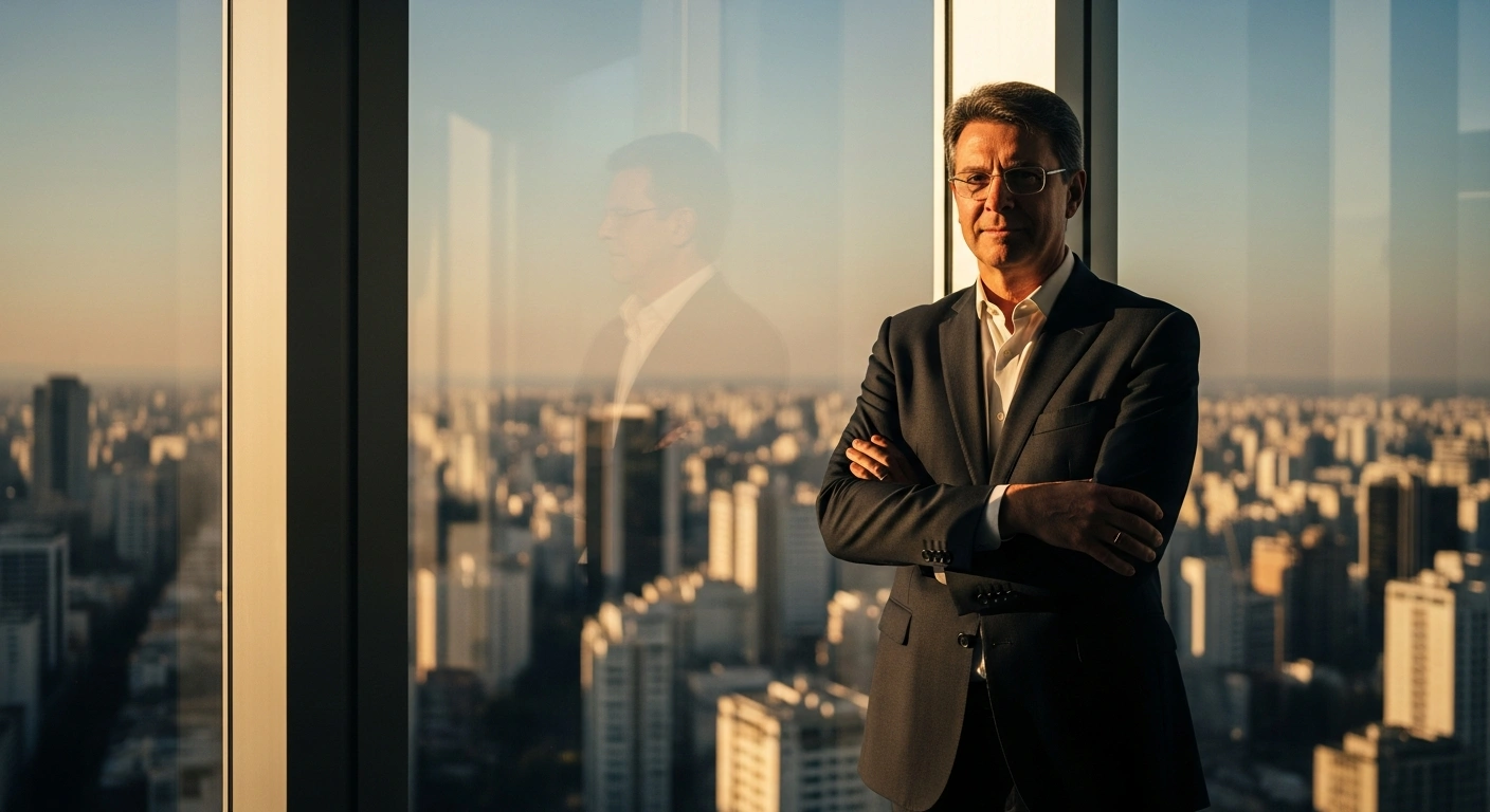 São Paulo Governor Tarcísio de Freitas stands in his office overlooking the city skyline as he leads in recent gubernatorial election polls.