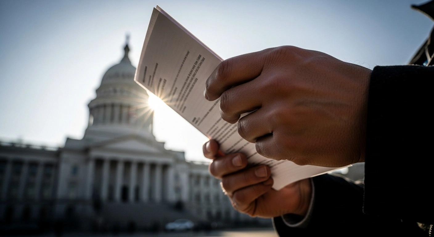 A close-up shot of hands holding a symbolic official document, illuminated by warm light, with the blurred, shadowed columns of a government building in the background, representing potential financial aid dependent on legislative action.