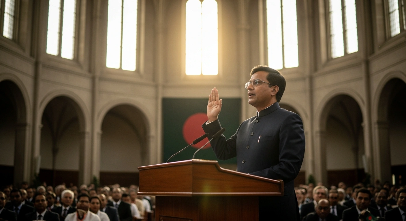 Tarique Rahman, newly sworn in as Prime Minister of Bangladesh, stands at a polished wooden podium with his hand raised, symbolizing his recent election victory where the Bangladesh Nationalist Party (BNP) secured a two-thirds majority.