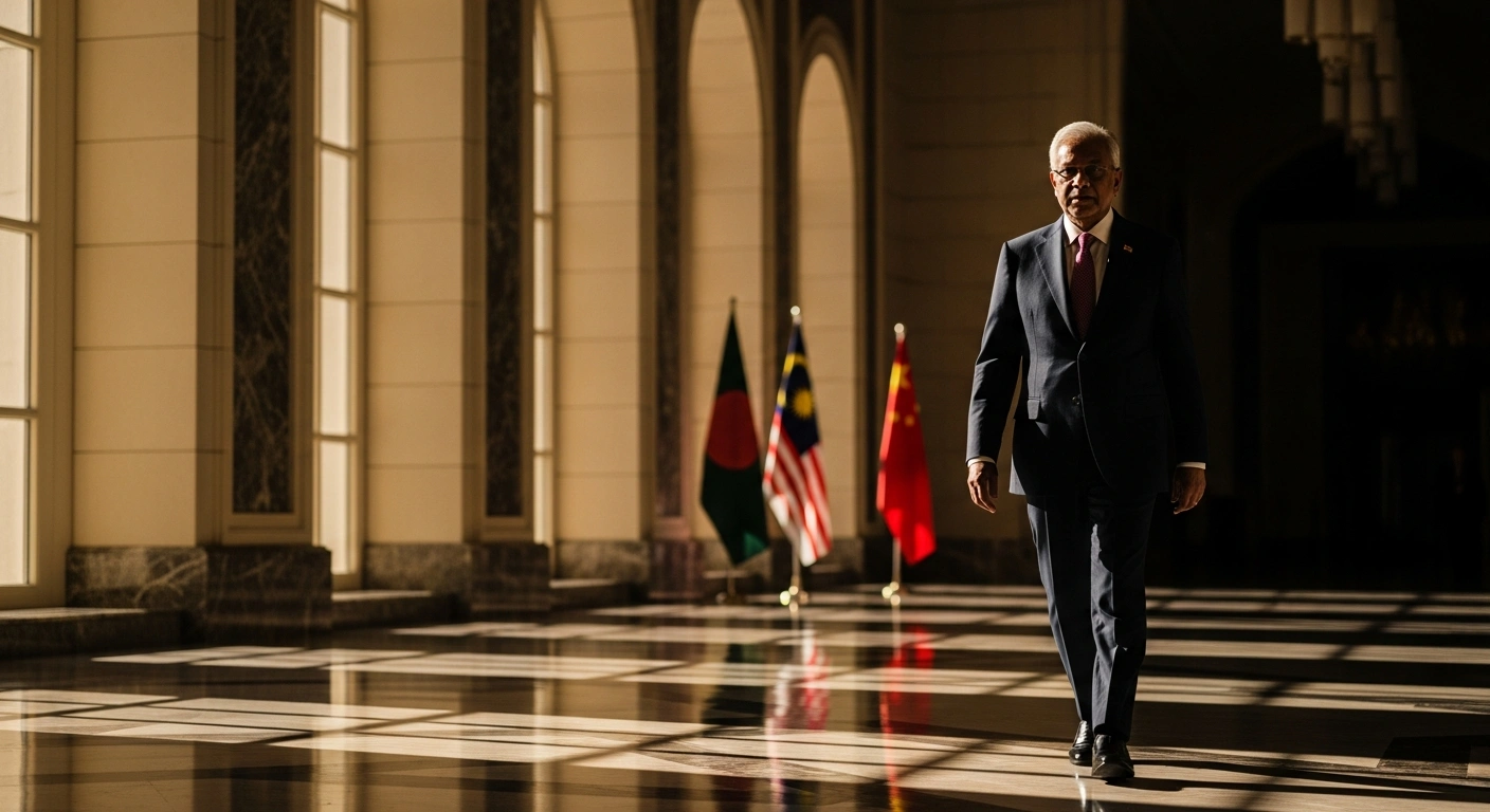 Bangladesh Prime Minister Tarique Rahman walks through a grand hall as he prepares for official diplomatic visits to Malaysia and China.