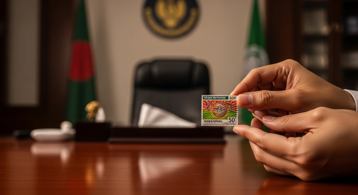 Prime Minister Tarique Rahman holds a commemorative FIFA World Cup 2026 postage stamp during an official unveiling ceremony in Dhaka.